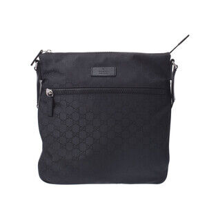 GUCCI GG Logo Black Leather Nylon Shoulder Bag